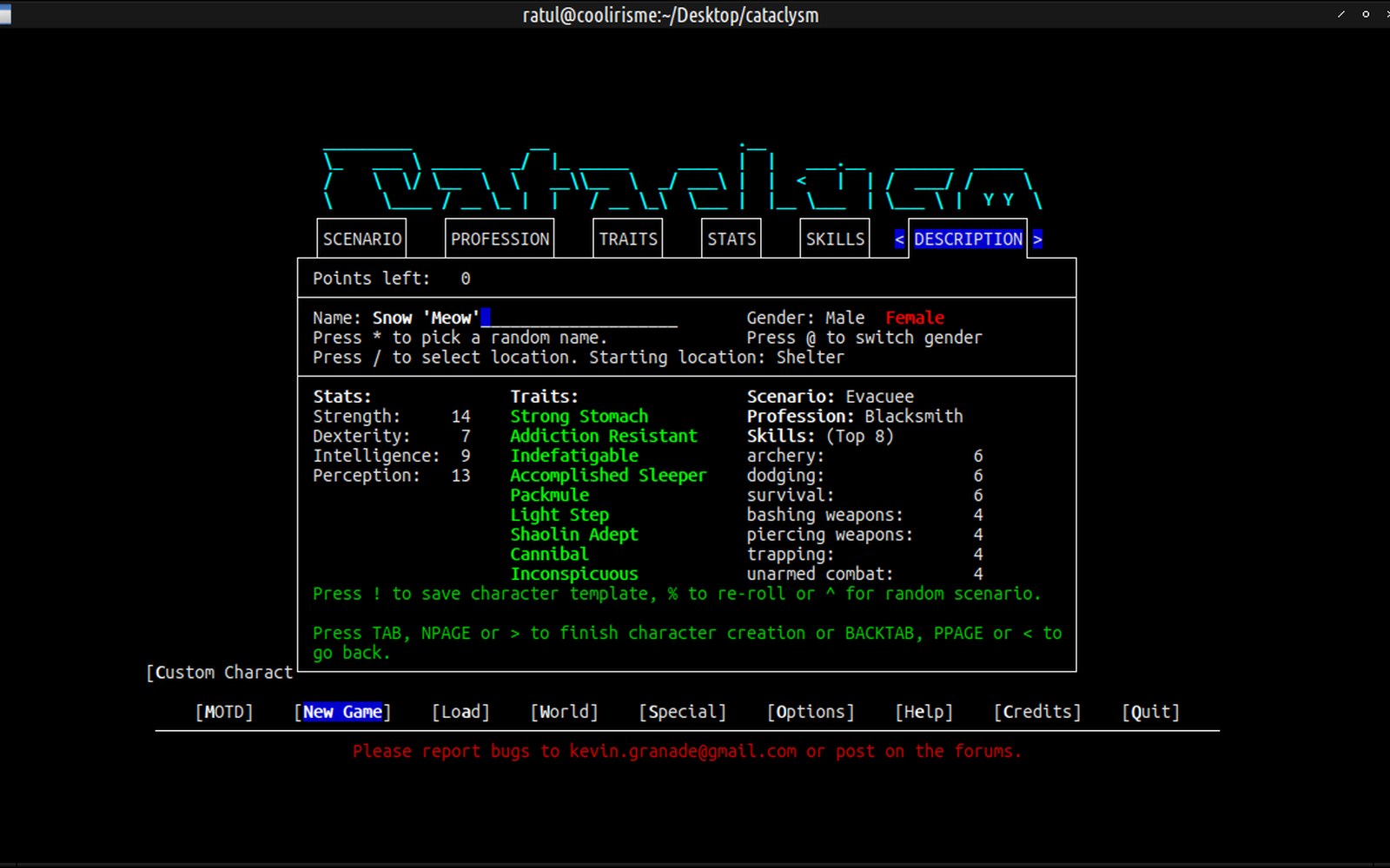 Terminal-based Cataclysm character creation screen showing stats, traits, and skills menus