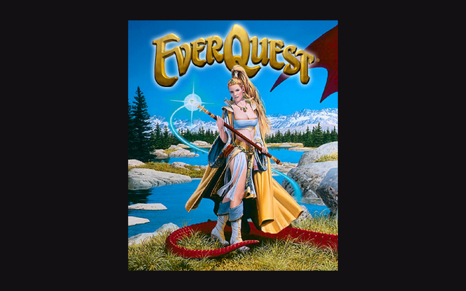 EverQuest box art showing a robed female mage holding a staff by a mountain lake