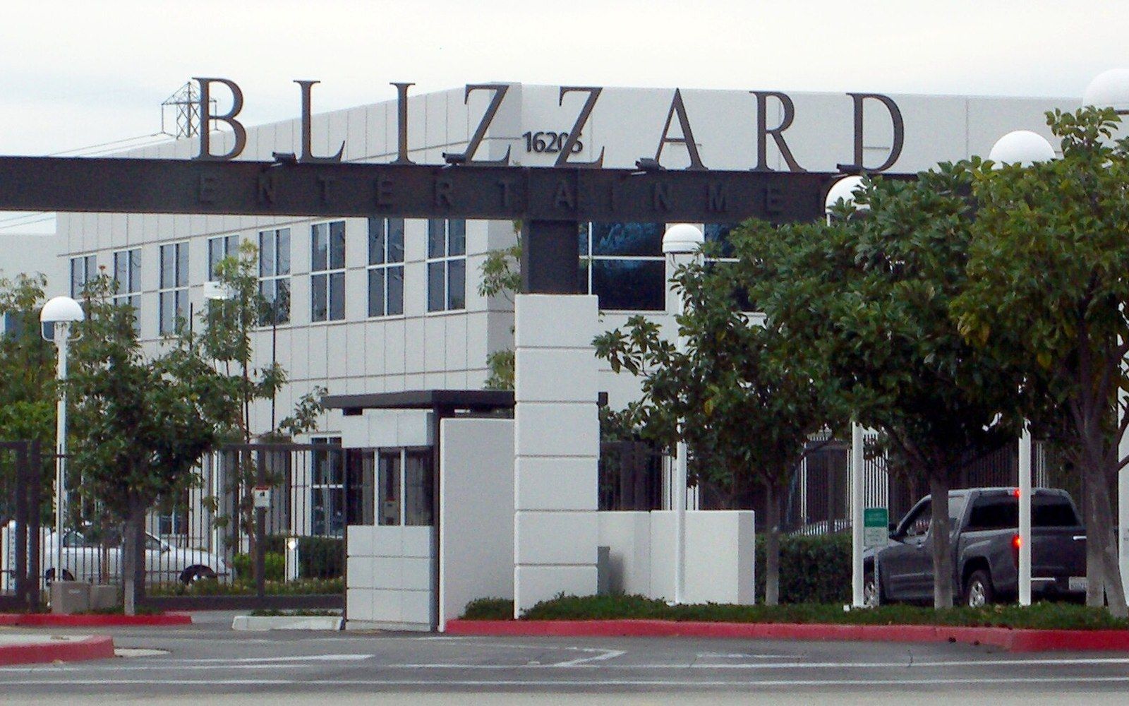 Blizzard Entertainment's office building entrance with signage over the driveway