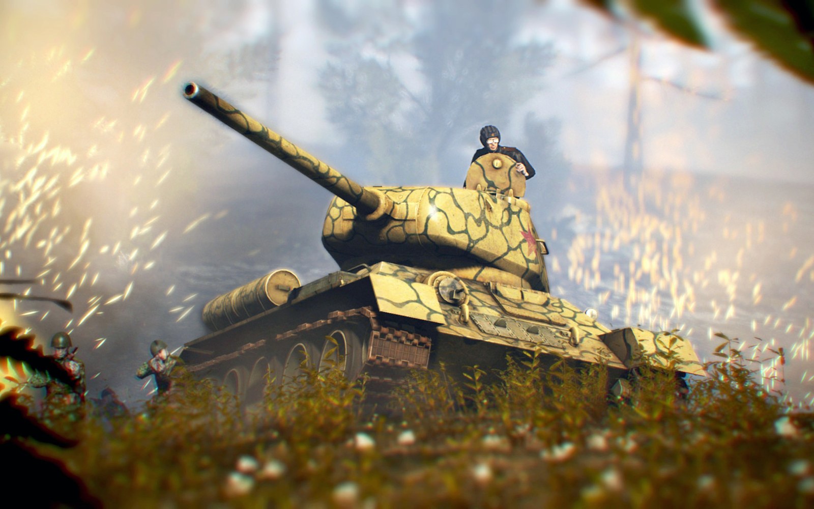 A camouflaged tank with a soldier standing in the turret amid smoke and sparks