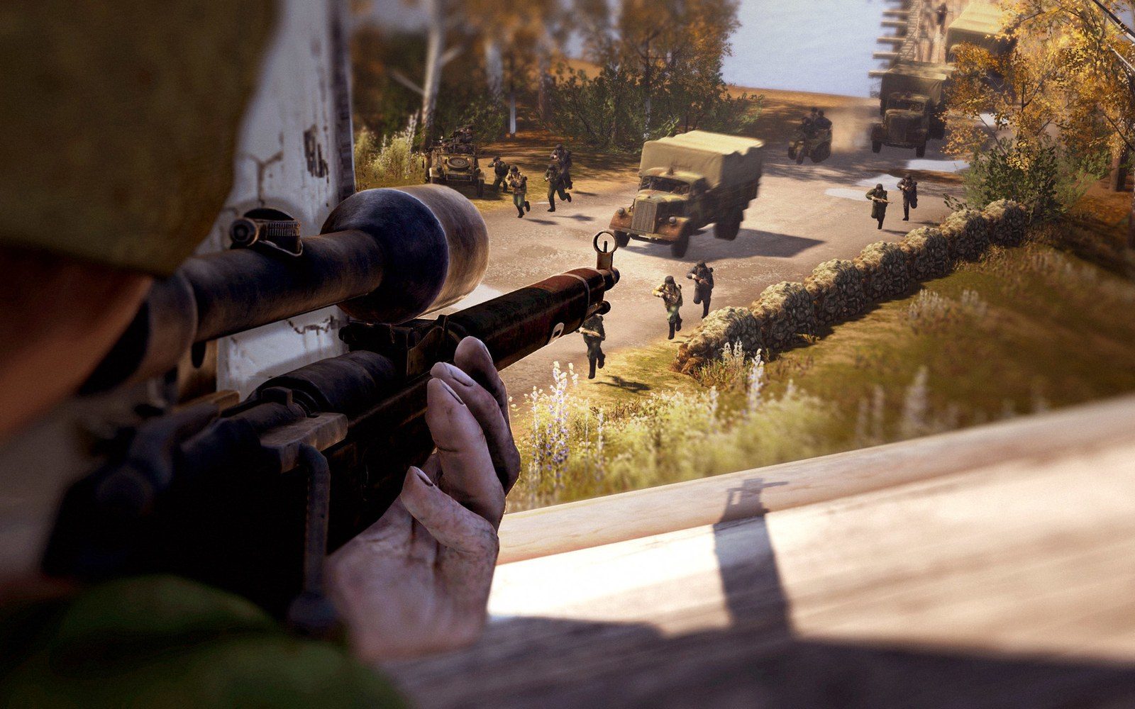 Sniper aims through a scope at soldiers and trucks moving along a road below