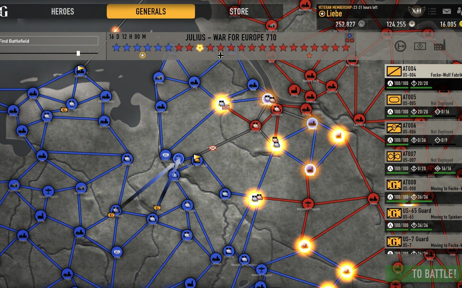 Strategy map screen showing connected territory nodes and a battle unit sidebar in a war game