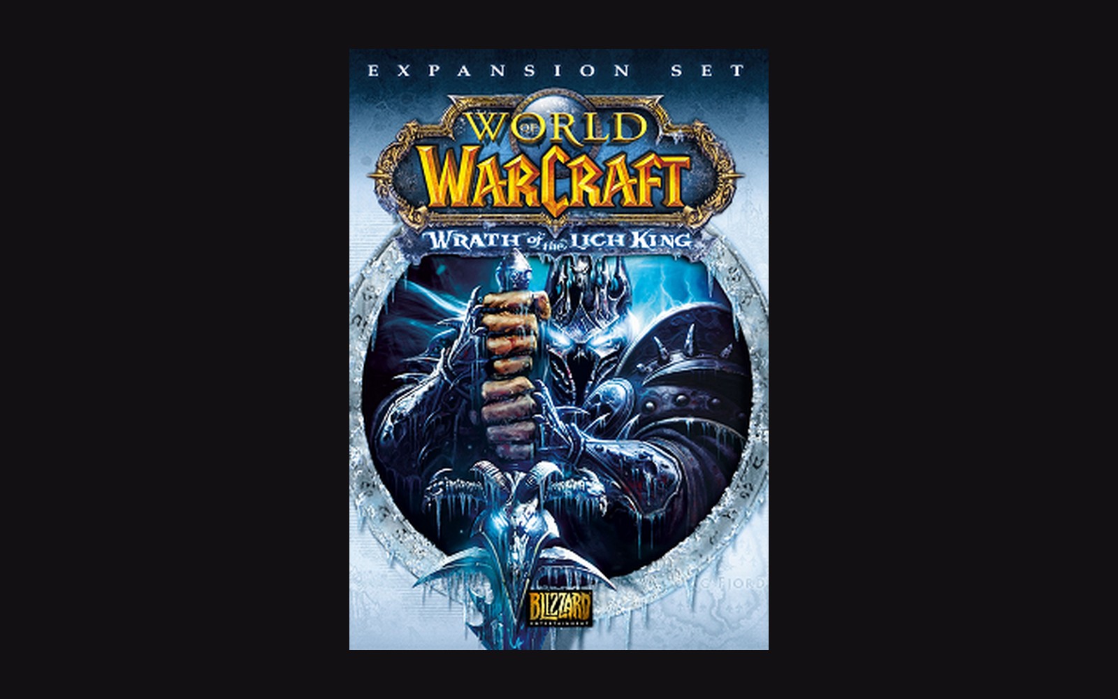 Box art for World of Warcraft: Wrath of the Lich King showing an armored figure gripping a frozen sword